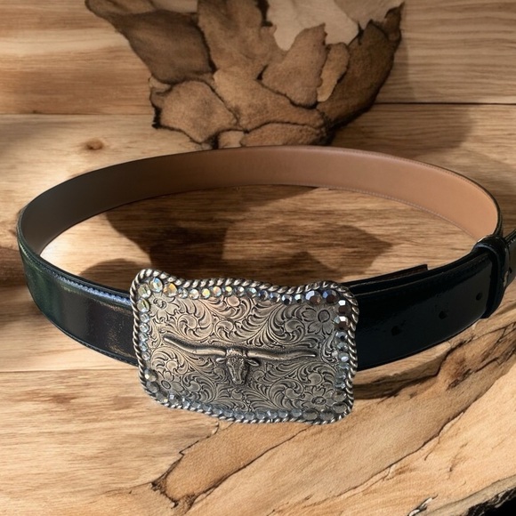 NOCONA ANTIQUE METAL RHINESTONE STEERHEAD BUCKLE/LEATHER BELT COASTAL COWGIRL L - Picture 5 of 16
